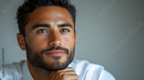 Confident man in thoughtful pose, showcasing determination and introspection in a modern setting.