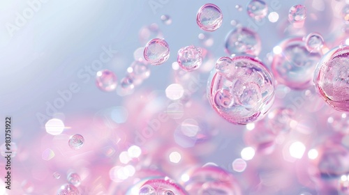 A closeup of transparent water bubbles floating on top, with pink and white bubble clouds swirling in the air. The background is a light blue gradient that adds depth to the scene. 
