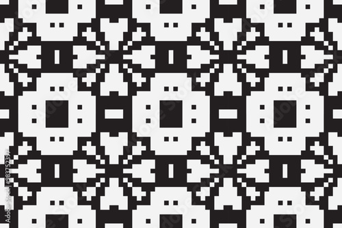 Vector monochrome ornamental pattern in ethnic style. Traditional folk motif. Abstract geometric seamless texture with floral shapes, grid,