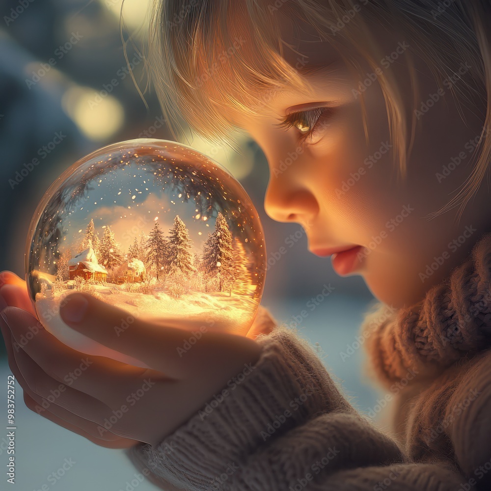 Fototapeta premium Child Gazing into a Magical Snow Globe. A close-up image of a young child with light skin and blonde hair, holding a glowing snow globe with a winter scene, eyes wide with wonder.