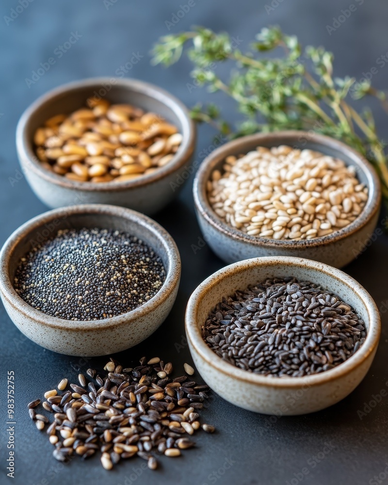 A collection of various seeds and herbs in bowls, showcasing culinary ingredients. A collection of various seeds and herbs in bowls, showcasing culinary ingredients.
