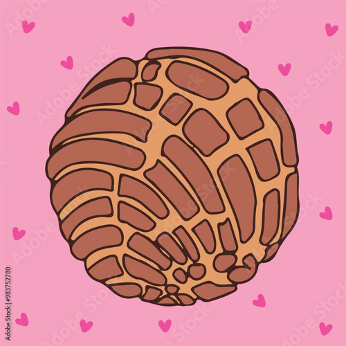 Concha traditional Mexican sweet bread Cute illustration of a chocolate concha with hearts photo