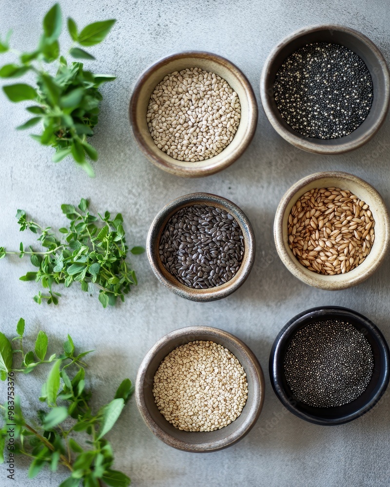 A collection of various seeds displayed in bowls with fresh herbs. A collection of various seeds displayed in bowls with fresh herbs.