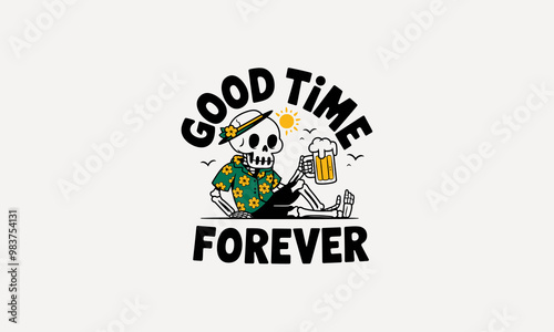 Skeleton enjoying beer with summer vibes, good times forever