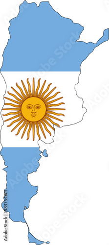 Argentina state flag, map of territory controlled by Argentina, shape of Argentina's territory, typical Argentine flag, country map with flag of Argentine.