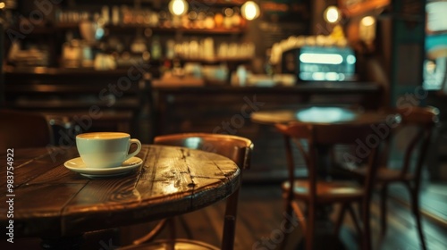 A coffee shop with a wooden table, a cup of hot white drink and an electric key cabinet in the background
