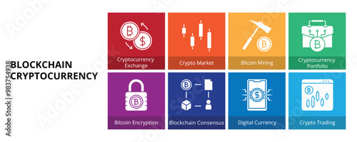 Blockchain Cryptocurrency Glyph Solid Banner Web Icon Set Vector Illustration, Cryptocurrency Exchange Crypto Market Bitcoin Mining Portfolio Encryption Consensus Digital Currency Crypto Trading