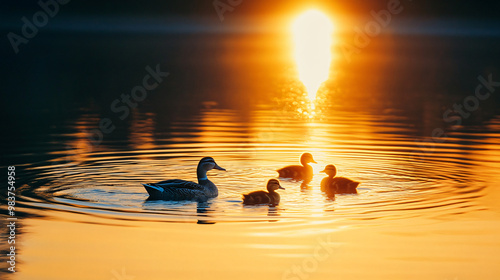 silhouette of ducks swimming in a golden sunset lake