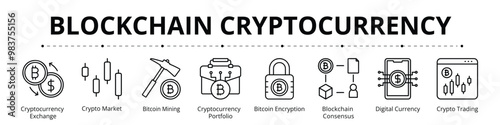 Blockchain Cryptocurrency Line Banner Web Icon Set Vector Illustration, Cryptocurrency Exchange Crypto Market Bitcoin Mining Portfolio Encryption Consensus Digital Currency Crypto Trading