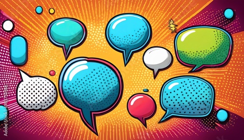 Colorful speech bubbles in a dynamic comic style, set against a vibrant background, conveying communication and expression. photo