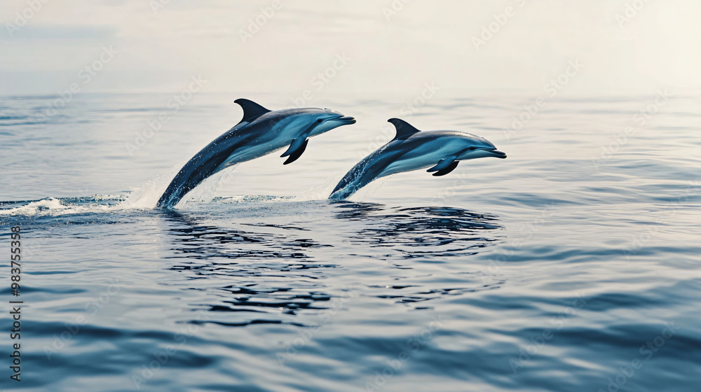 Obraz premium two dolphins leaping out of the water in blue ocean - high quality stock photo