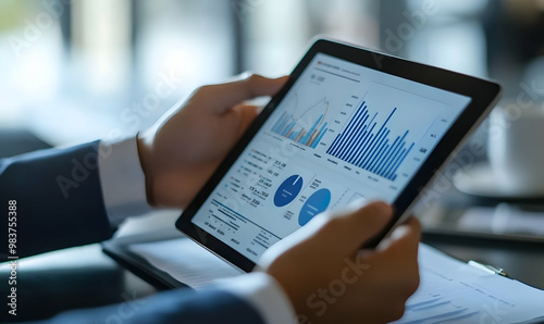 Happy middle aged business man ceo wearing suit standing in office using digital tablet