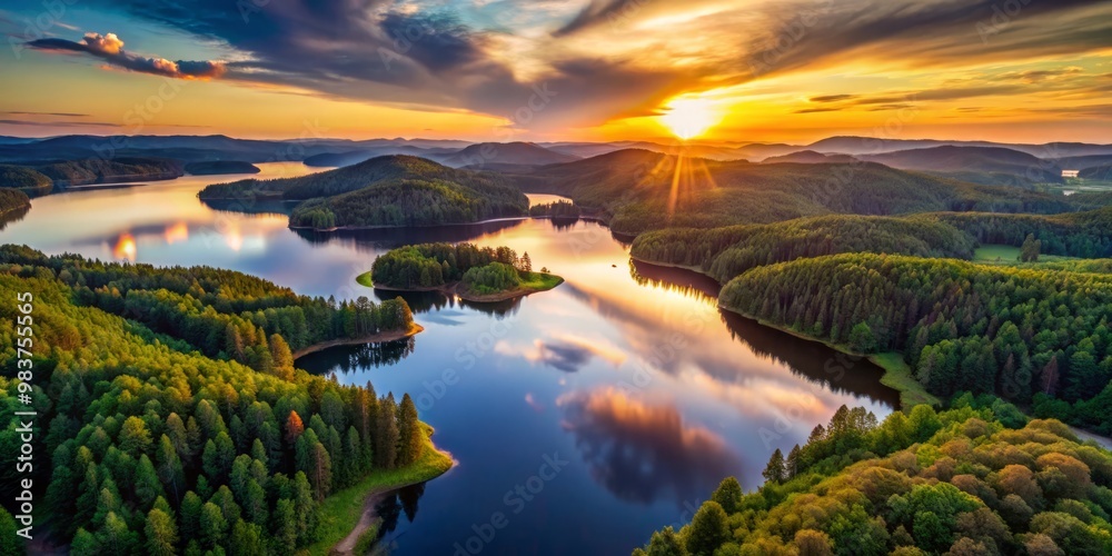 Aerian views capture the majestic moment when the setting sun paints a serene lake, surrounded by undulating hills Aerian views capture the majestic moment when the setting sun paints a serene lake, surrounded by undulating hills