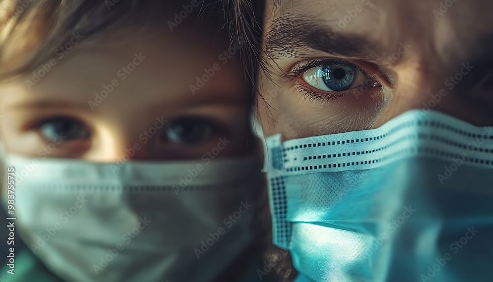 Close-Up Portrait of a Father and Son Wearing Face Masks