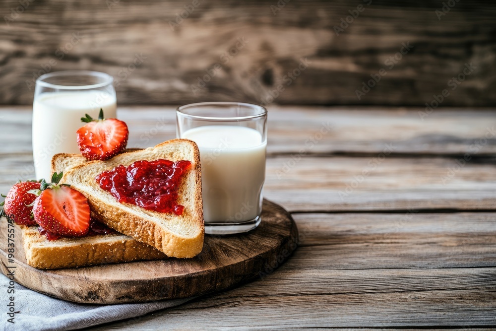 Toast with Strawberry Jam, Milk, and Fresh Strawberries on a Wooden Board Toast with Strawberry Jam, Milk, and Fresh Strawberries on a Wooden Board