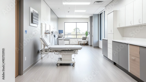 Modern medical examination room with bright lighting and clean designs. photo