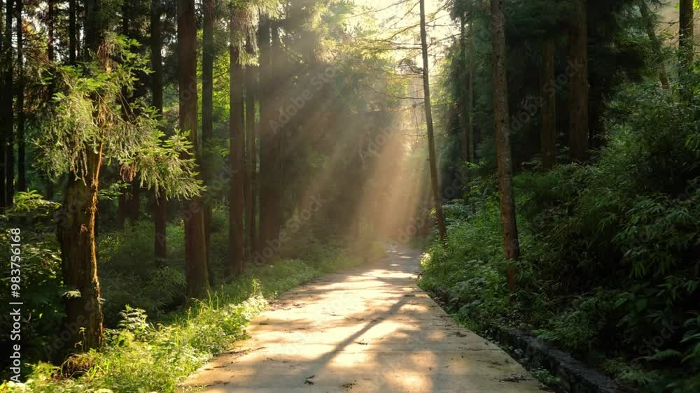 Morning light through forest road