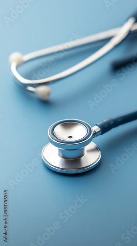 Stethoscope on blue background, symbolizing healthcare and medical examination. photo