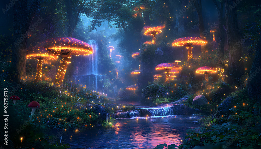 Fototapeta premium A mystical forest with glowing mushrooms, winding rivers, and floating islands, creating a magical and otherworldly feel