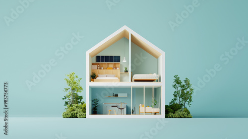 A cross section of modern house showcasing renewable energy features, with cozy interior design and greenery surrounding structure. layout includes bedroom, living area, and workspace, emphasizing sus