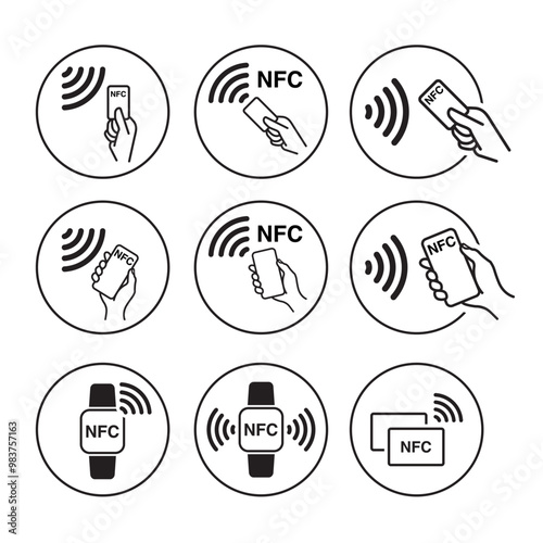 NFC Wireless Payment Technology Icons Set. RFID Cards, Access Control, Contactless Transactions, Smartphones, Smartwatches, and Mobile Payment Solutions. Vector.