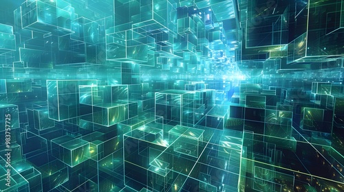 A digital landscape with a vast, continuous memory space created by interconnected, floating blocks of data, illustrating the concept of virtual memory providing access to more RAM than physically ava