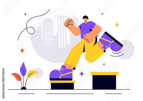 Parkour Sports Vector Illustration featuring Young Men Leaping Over Walls and Barriers in an Urban Cityscape with Buildings and Street in a Background