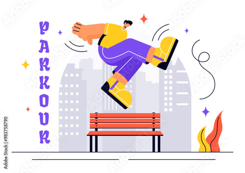 Parkour Sports Vector Illustration featuring Young Men Leaping Over Walls and Barriers in an Urban Cityscape with Buildings and Street in a Background