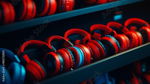 A vibrant display of headphones arranged neatly on a shelf, showcasing a blend of red and blue colors, emphasizing modern audio technology. photo