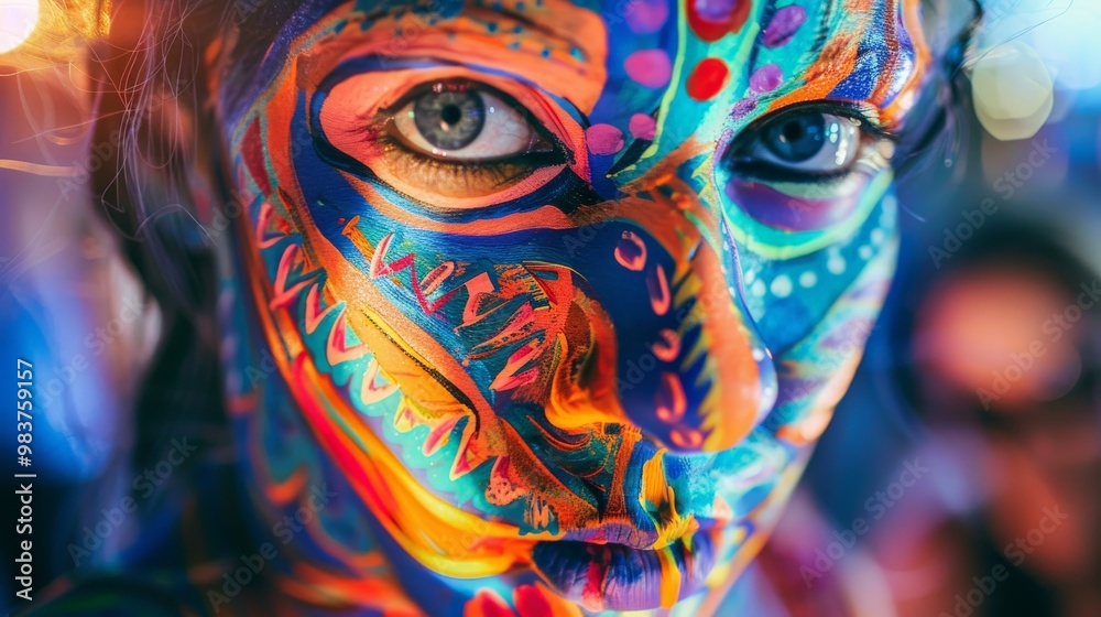 Close-up of colorful body paint designs on party attendees at a Full Moon Party Close-up of colorful body paint designs on party attendees at a Full Moon Party