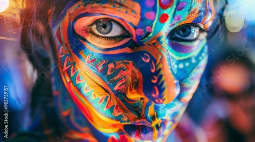 Close-up of colorful body paint designs on party attendees at a Full Moon Party