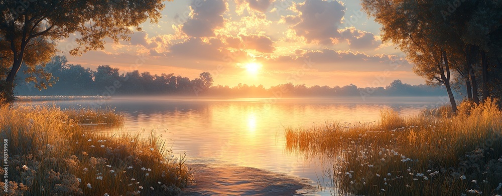 Naklejka premium Serene Sunset Over Tranquil Lake Landscape