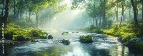 Serene Morning in a Misty Green Forest Landscape