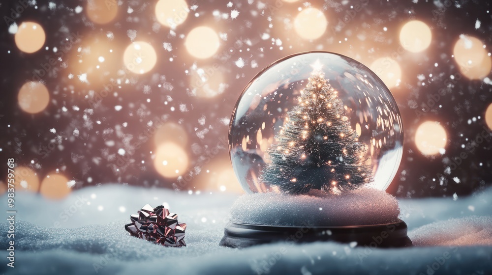 Snow globe with christmas tree on snow and bokeh background. Snow globe with christmas tree on snow and bokeh background.