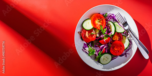 Fresh Vegetable Salad with Tomatoes, Cucumbers, and Greens photo