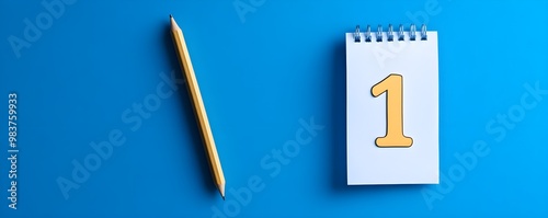 A yellow pencil rests beside a white notepad displaying the number "1" on a vibrant blue background.