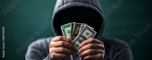 A hooded figure holds several dollar bills, obscuring their face, suggesting secrecy or illicit activities related to money.