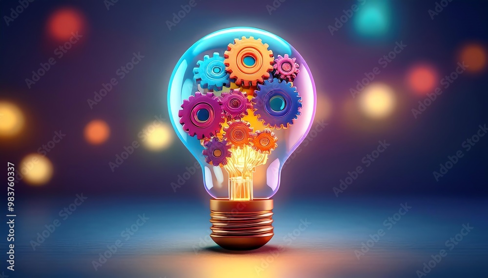Fototapeta premium A vibrant light bulb filled with colorful gears, symbolizing innovation and creativity against a dreamy background of glowing orbs.
