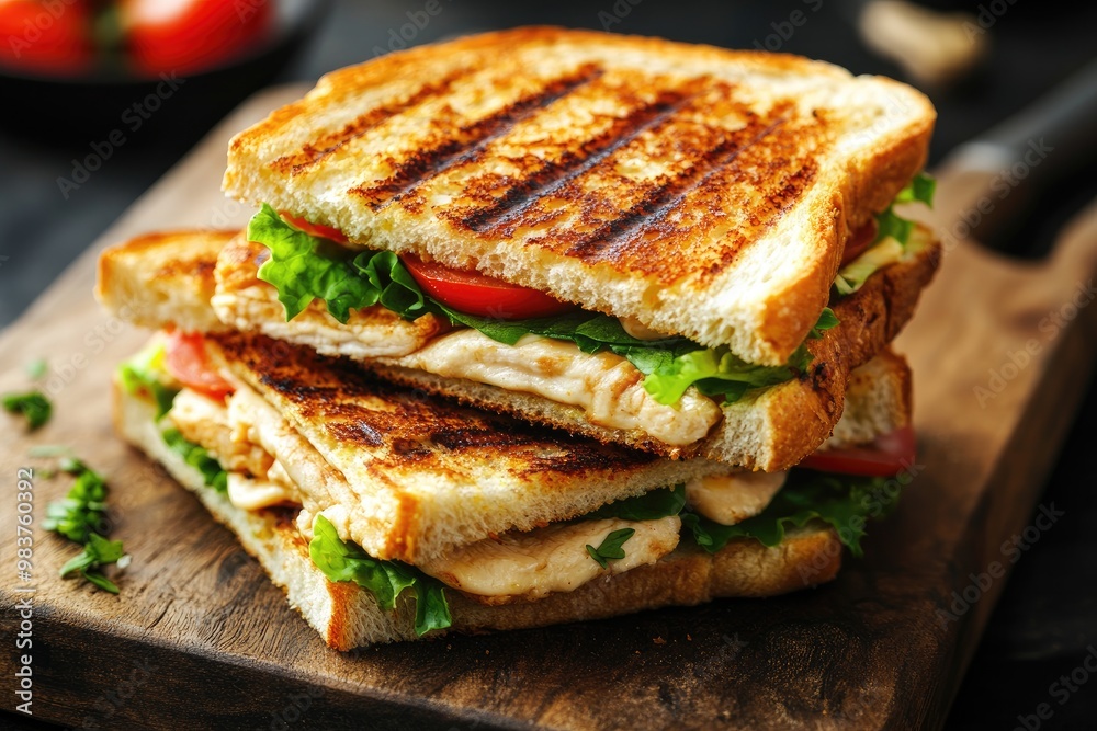 Grilled Chicken Sandwich with Lettuce and Tomatoes on a Wooden Cutting Board Grilled Chicken Sandwich with Lettuce and Tomatoes on a Wooden Cutting Board