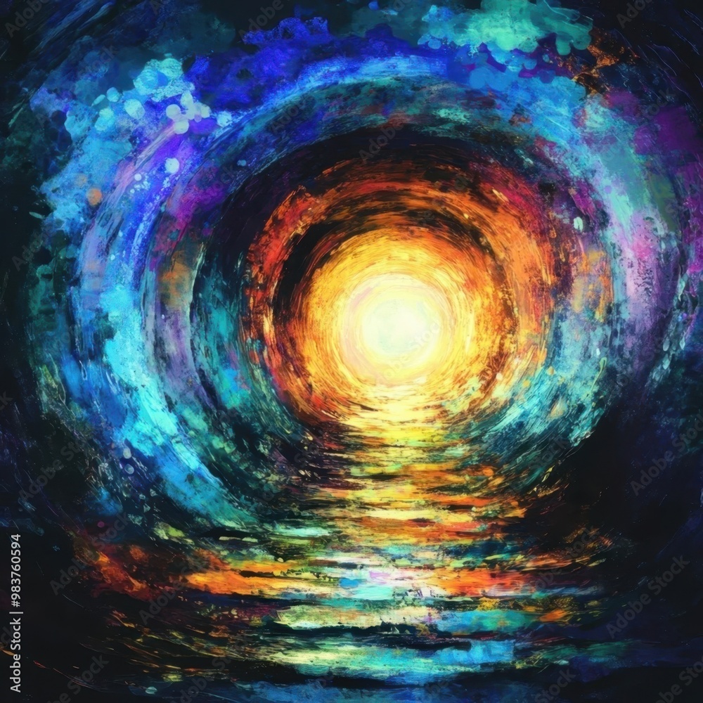 Vibrant abstract painting of a glowing light in a swirling tunnel, blending vivid colors to create a sense of mystery and wonder. Vibrant abstract painting of a glowing light in a swirling tunnel, blending vivid colors to create a sense of mystery and wonder.
