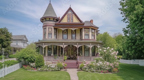 Classic Victorian-Style House with Ornate Detailing, Turret, Wrap-Around Porch, and Blooming Garden