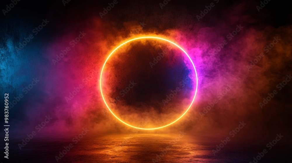 Neon Ring frame in black wall. A glowing neon circle with pink and blue lights surrounded by a smoky atmosphere on a dark background, creating a futuristic vibe Neon Ring frame in black wall. A glowing neon circle with pink and blue lights surrounded by a smoky atmosphere on a dark background, creating a futuristic vibe