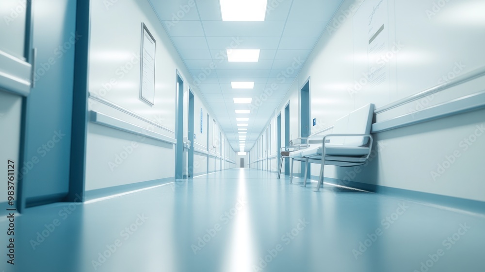 A clean, bright hospital corridor with benches and clinical lighting. A clean, bright hospital corridor with benches and clinical lighting.