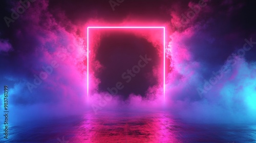 Neon frame in the wall with a hole. A neon framed doorway glowing in pink light, with smoke billowing through a broken wall, creating a surreal and futuristic background