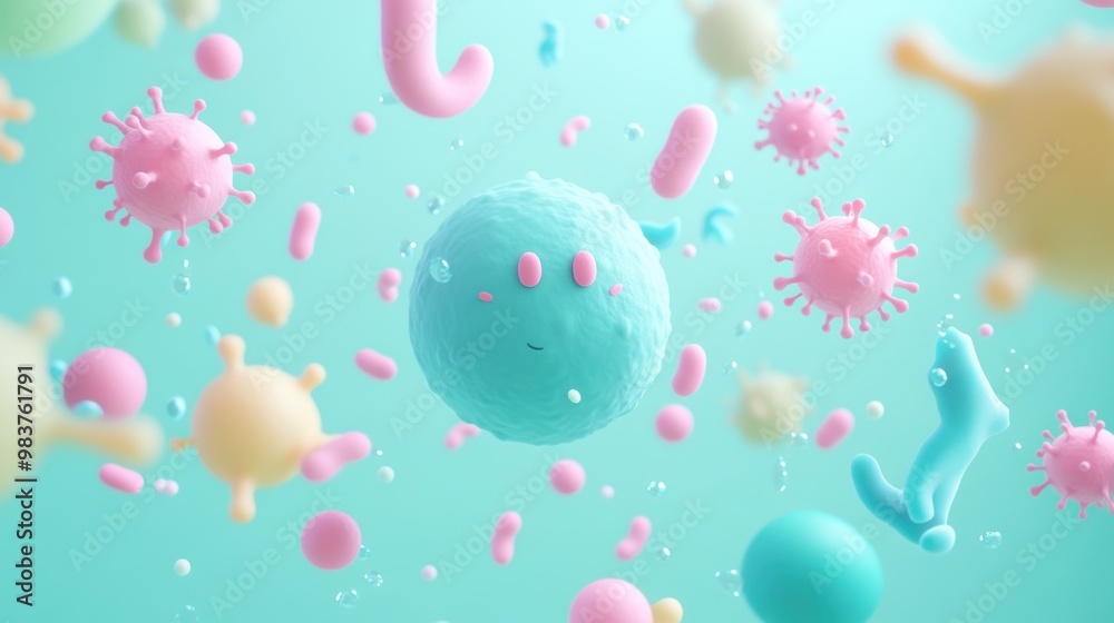 Fototapeta premium Colorful 3D rendering of various microorganisms in a playful, vibrant environment.