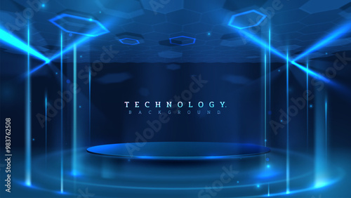 A glowing blue podium in a futuristic environment with hexagonal light patterns and vertical beams, perfect for technology presentations. Vector illustration.