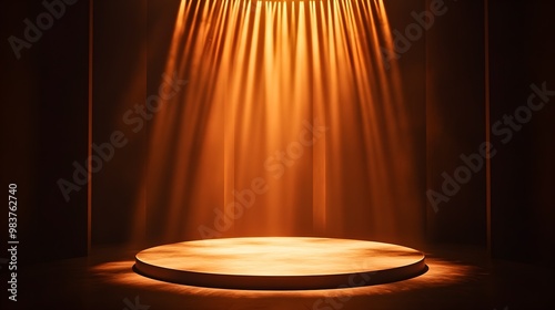 A minimalist stage bathed in warm golden light, with a single spotlight illuminating the center, casting soft shadows on the floor, creating an elegant and sophisticated ambiance  photo