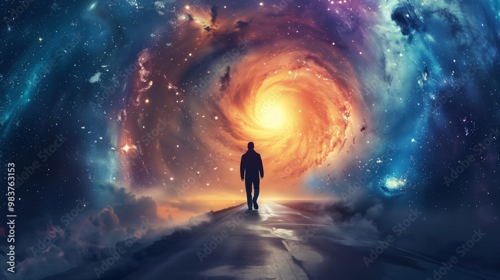 Man Walking Through a Surreal Cosmic Landscape into a Glowing Swirling Portal - Digital Illustration for Fantasy and Sci-Fi Themes Man Walking Through a Surreal Cosmic Landscape into a Glowing Swirling Portal - Digital Illustration for Fantasy and Sci-Fi Themes