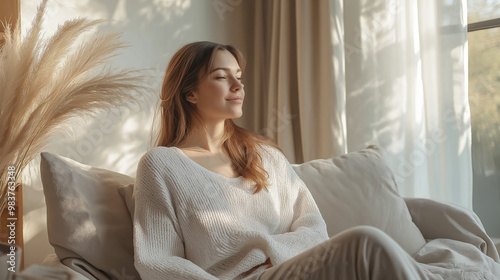 Relaxed therapy session with client comfortably seated on sofa in soft light and peaceful ambiance