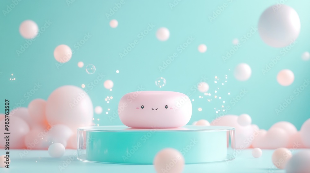 A cute, smiling pink object surrounded by soft pastel spheres and bubbles. A cute, smiling pink object surrounded by soft pastel spheres and bubbles.